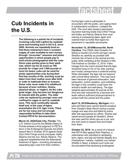 Cub Incidents in Encounters with the Public, and Caging Them in Substandard Conditions—Violated the ESA