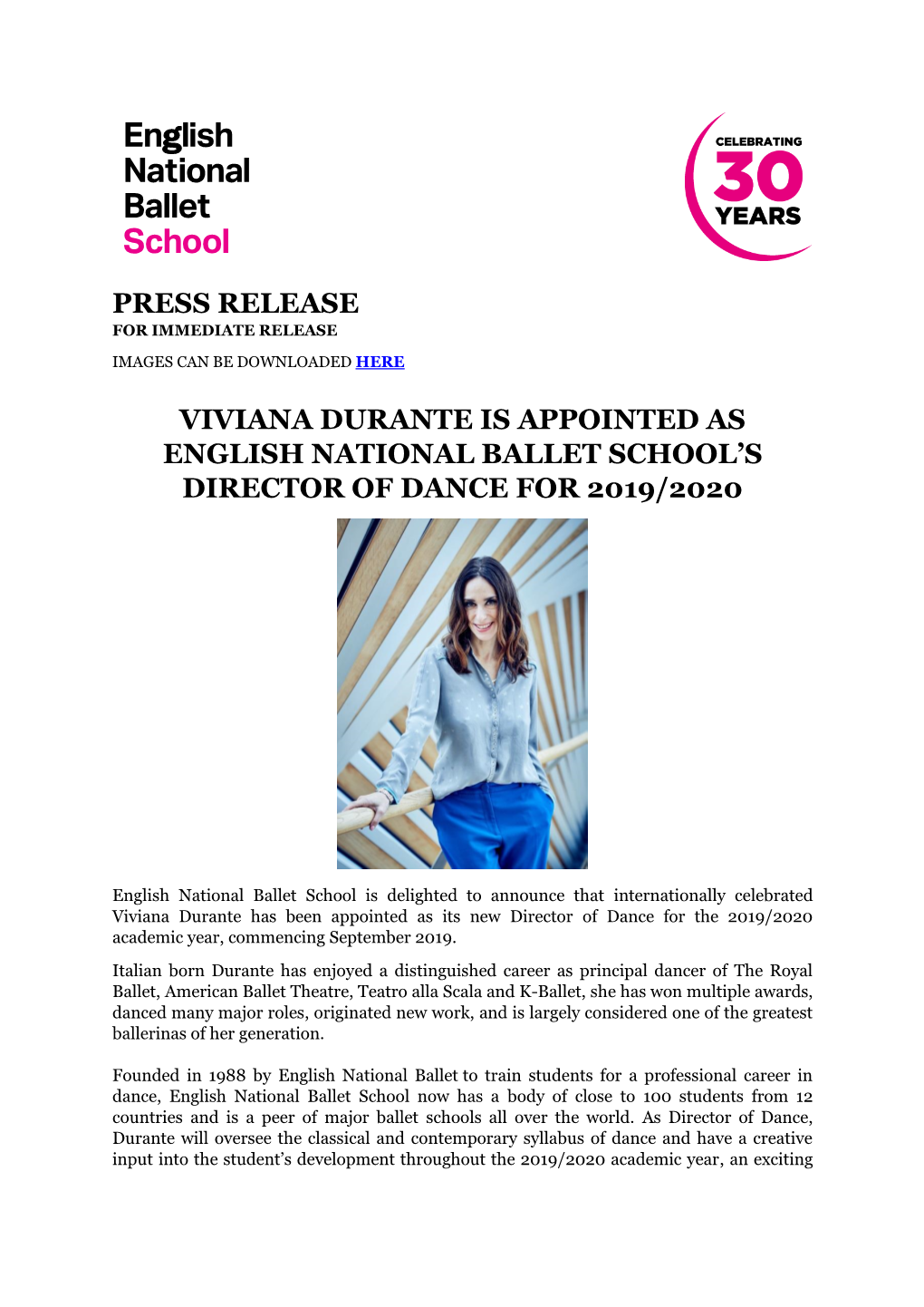 Press Release Viviana Durante Is Appointed As English National Ballet School's Director of Dance for 2019/2020