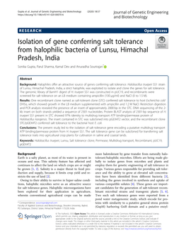 Isolation of Gene Conferring Salt Tolerance from Halophilic Bacteria of Lunsu, Himachal Pradesh, India Sonika Gupta, Parul Sharma, Kamal Dev and Anuradha Sourirajan*
