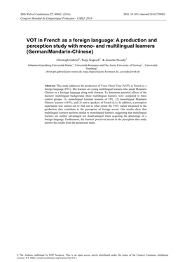 VOT in French As a Foreign Language: a Production and Perception Study with Mono- and Multilingual Learners (German/Mandarin-Chinese)