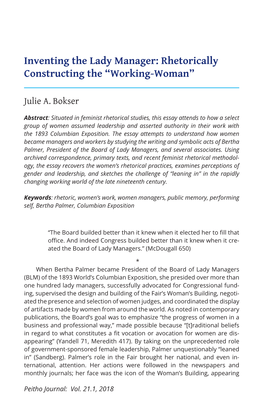 Inventing the Lady Manager: Rhetorically Constructing the “Working-Woman”