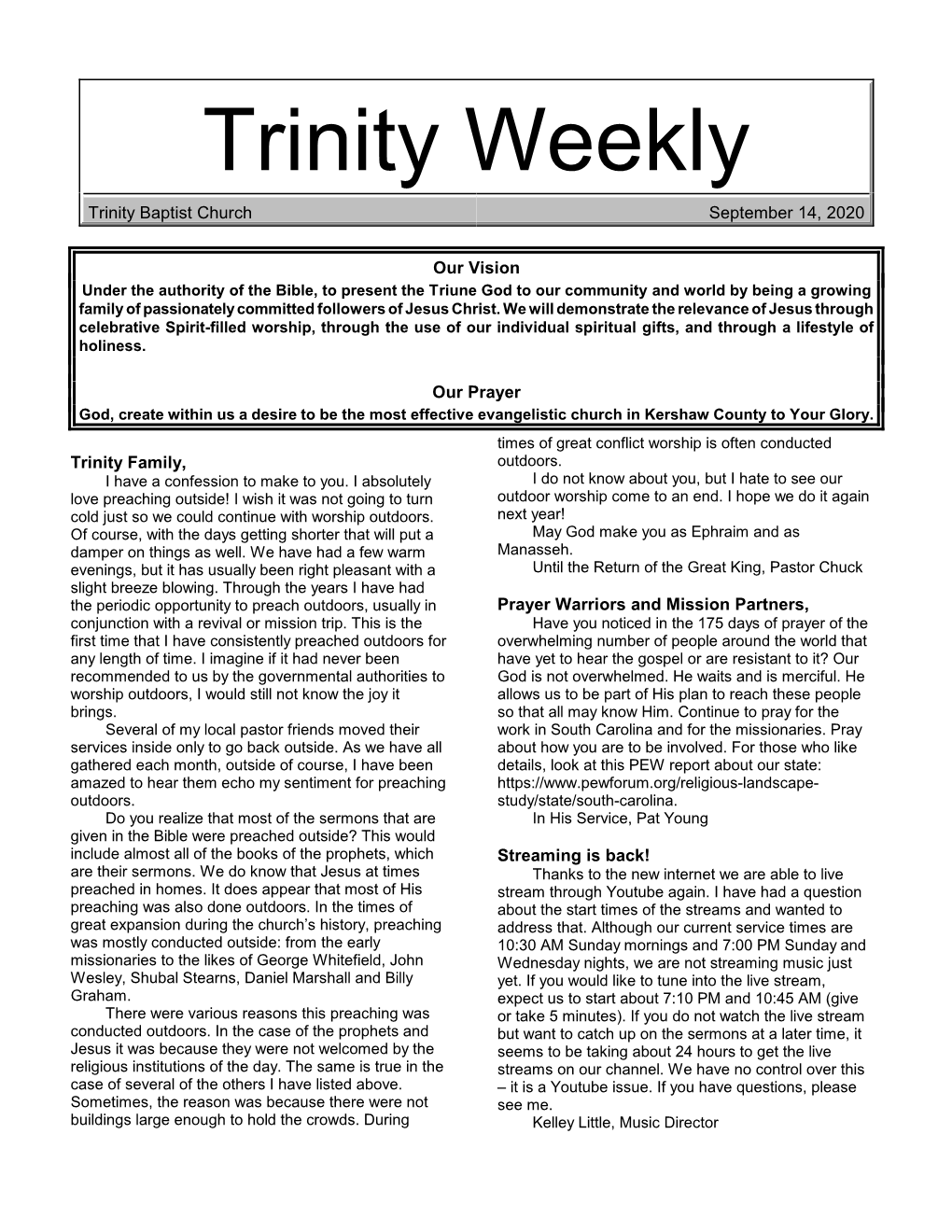 Trinity Weekly Trinity Baptist Church September 14, 2020