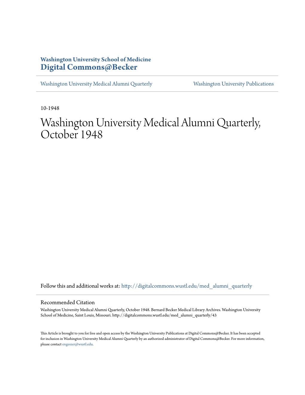 Washington University Medical Alumni Quarterly, October 1948