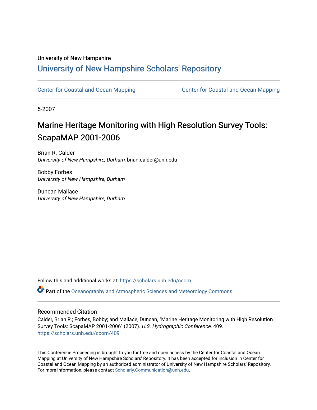 Marine Heritage Monitoring with High Resolution Survey Tools: Scapamap 2001-2006