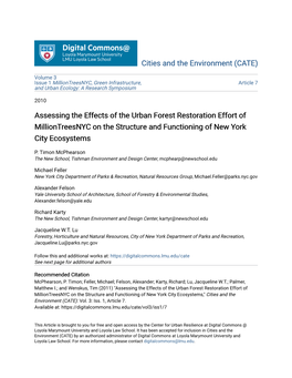 Assessing the Effects of the Urban Forest Restoration Effort of Milliontreesnyc on the Structure and Functioning of New York City Ecosystems