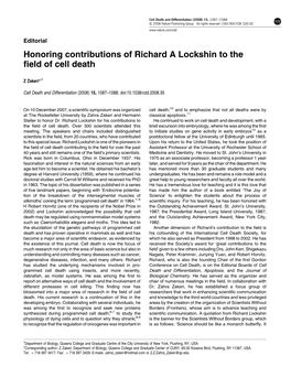 Honoring Contributions of Richard a Lockshin to the Field of Cell Death