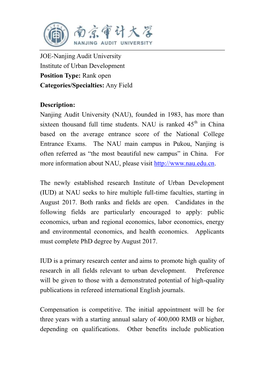 JOE-Nanjing Audit University Institute of Urban Development Position Type: Rank Open Categories/Specialties: Any Field