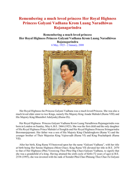 Remembering a Much Loved Princess Her Royal Highness Princess Galyani Vadhana Krom Luang Naradhiwas Rajanagarindra