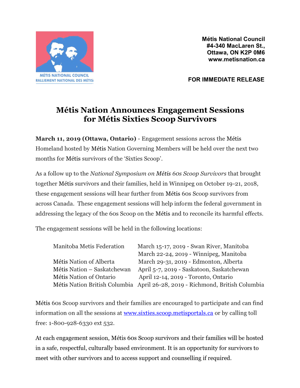 Métis Nation Announces Engagement Sessions for Métis Sixties Scoop Survivors