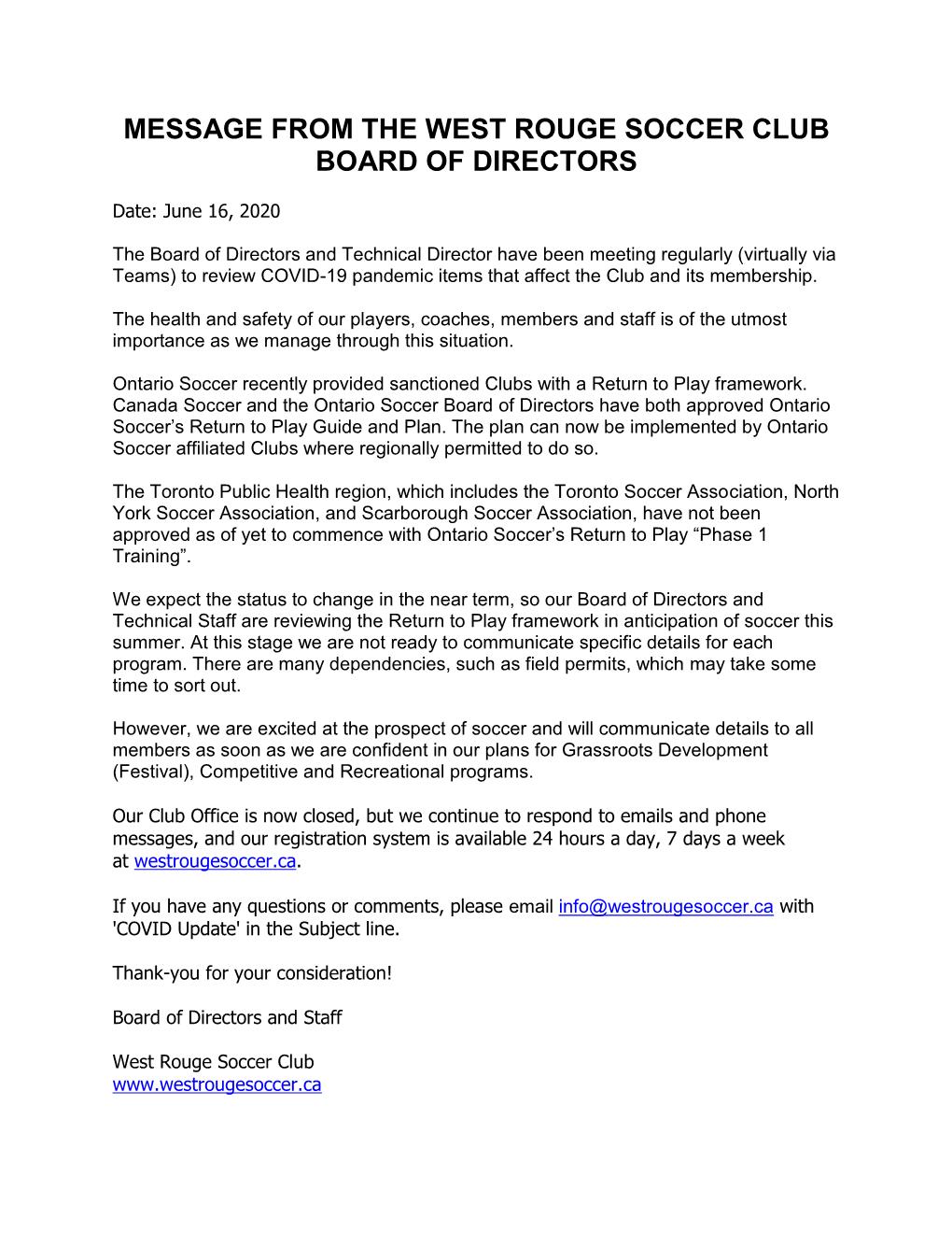 Message from the West Rouge Soccer Club Board of Directors