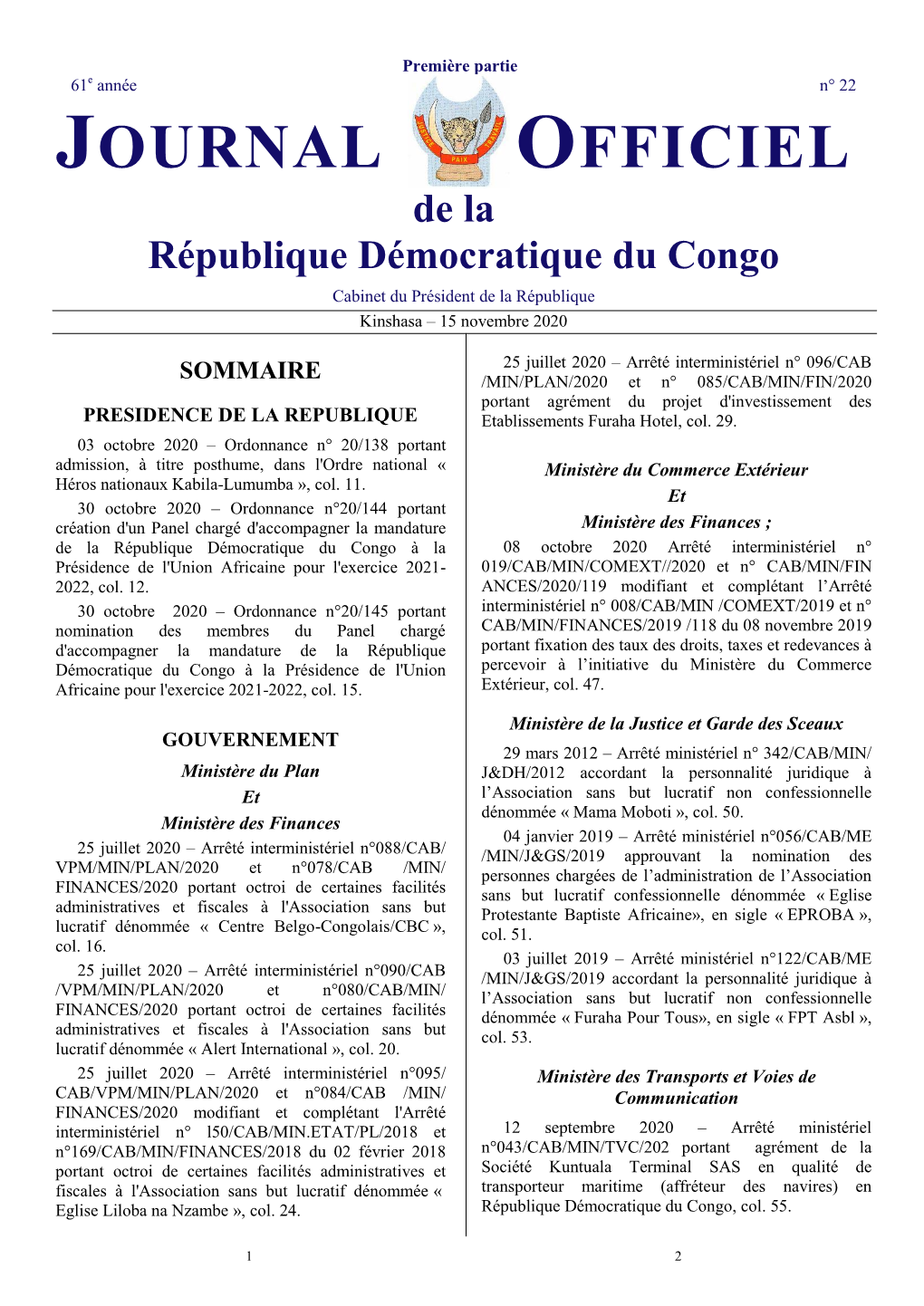 JOURNAL OFFICIEL De La République Démocratique Du Congo Cabinet Du Président De La République