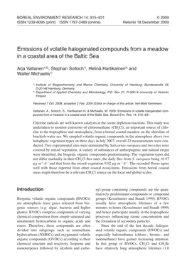 Emissions of Volatile Halogenated Compounds from a Meadow in a Coastal Area of the Baltic Sea