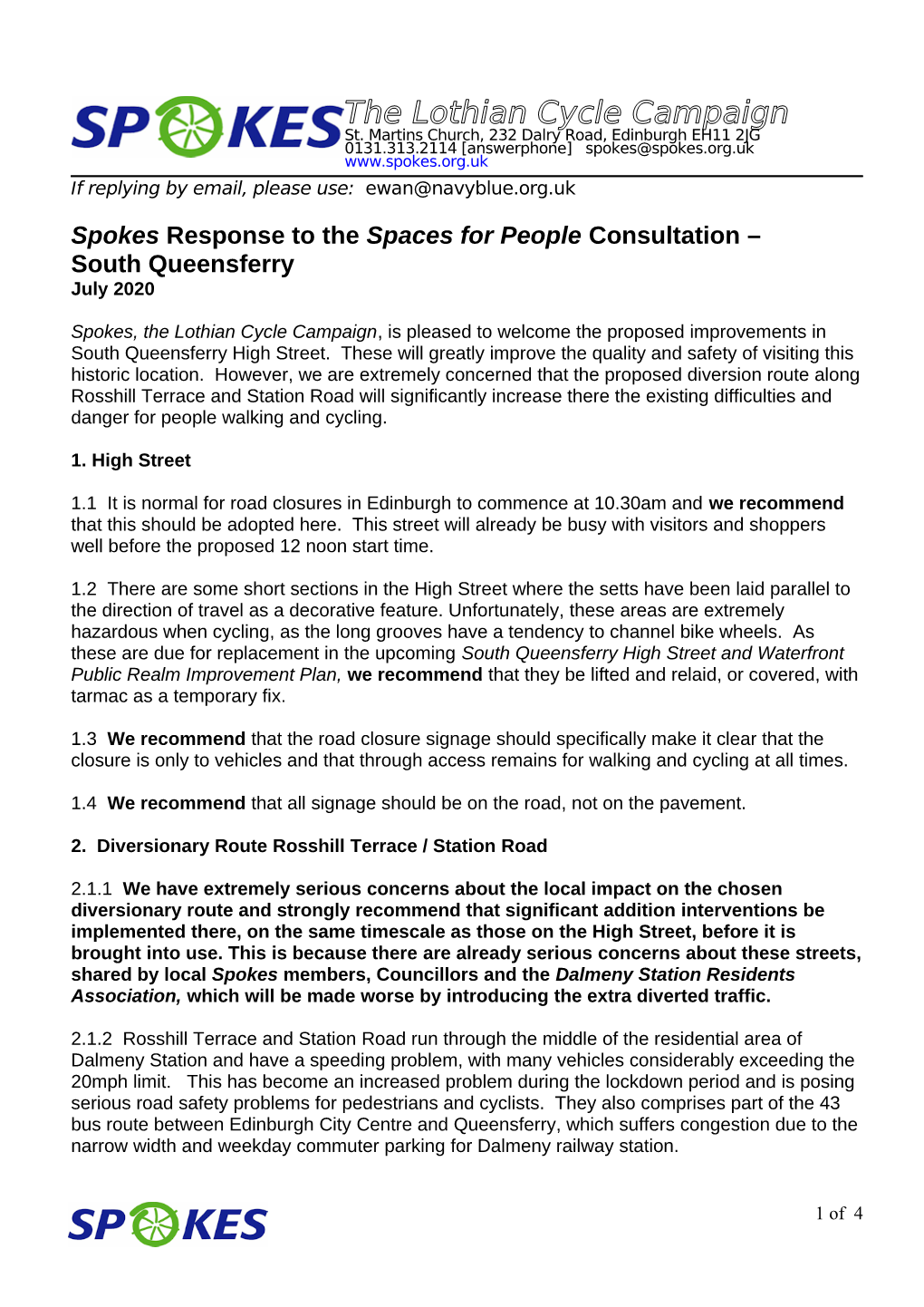 Spokes Response to the Spaces for People Consultation – South Queensferry July 2020