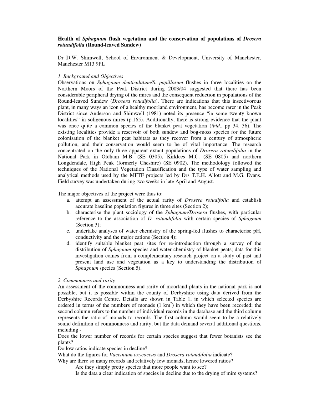 Health of Sphagnum Flush Vegetation and the Conservation of Populations of Drosera Rotundifolia (Round-Leaved Sundew)