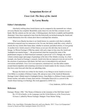 Symposium Review of Unser Leit: the Story of the Amish by Leroy Beachy