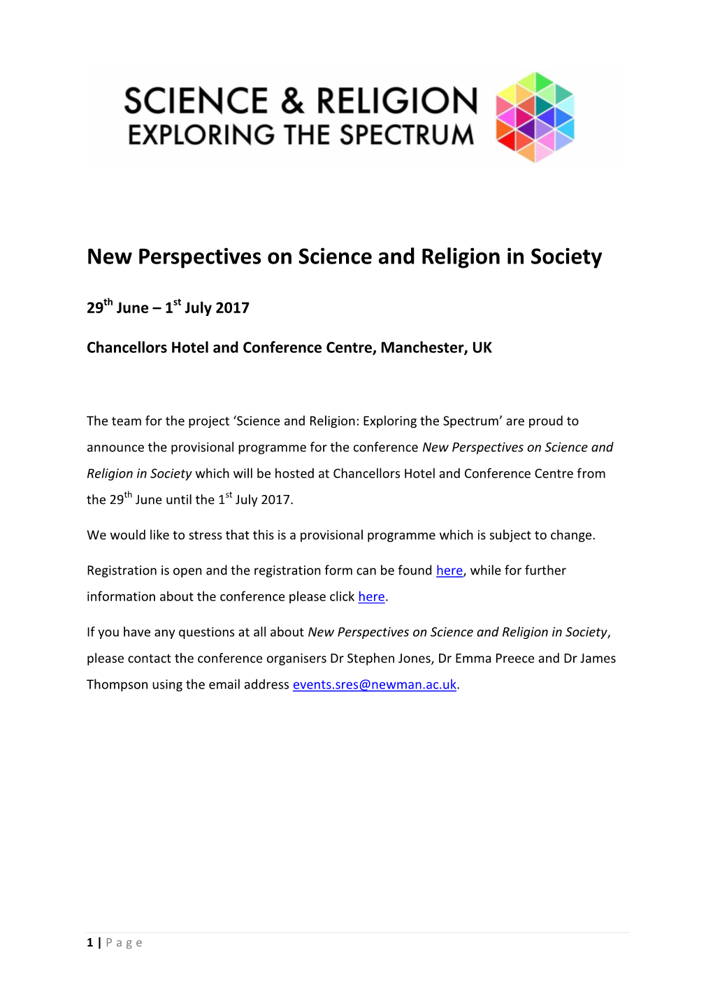 New Perspectives on Science and Religion in Society