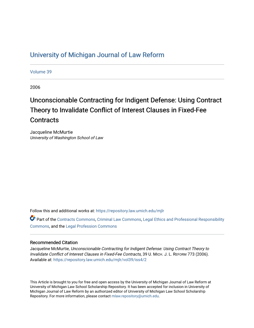 Unconscionable Contracting for Indigent Defense: Using Contract Theory to Invalidate Conflict of Interest Clauses in Fixed-Fee Contracts