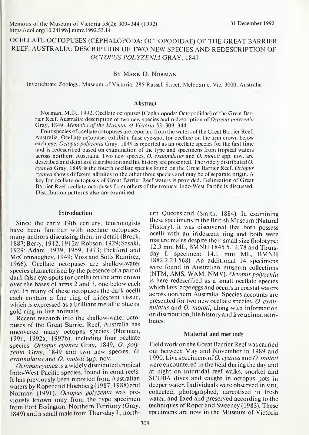 Ocellate Octopuses (Cephalopoda: Octopodidae) of the Great Barrier Reef, Australia: Description of Two New Species and Redescription of Octopus Polyzenia Gray, 1849