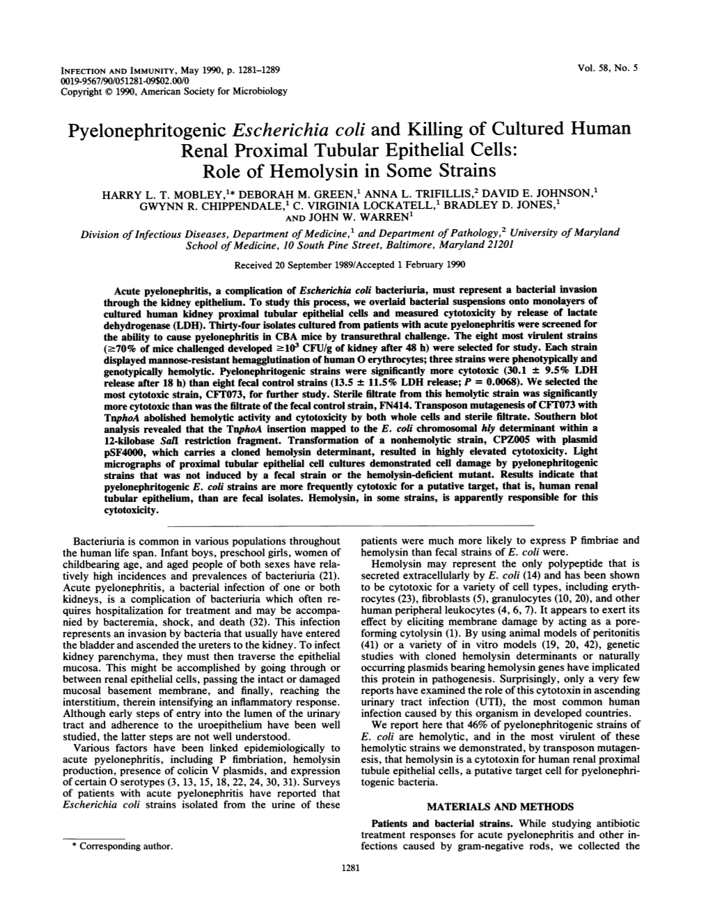Pyelonephritogenic Escherichia Coli and Killing of Cultured Human Renal Proximal Tubular Epithelial Cells: Role of Hemolysin in Some Strains HARRY L