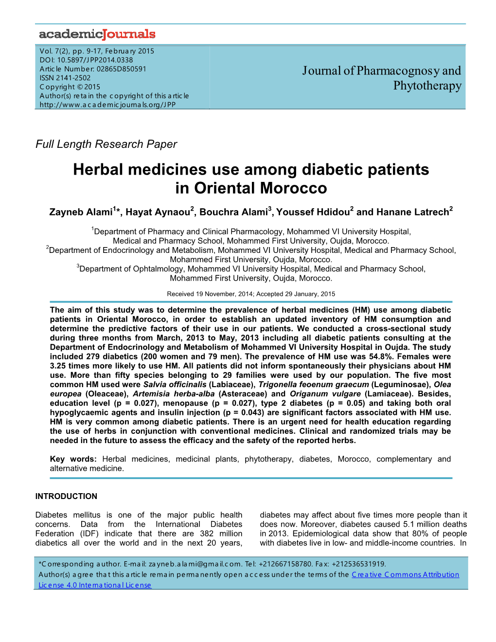Herbal Medicines Use Among Diabetic Patients in Oriental Morocco