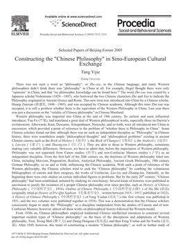 Chinese Philosophy" in Sino-European Cultural Exchange Tang Yijie