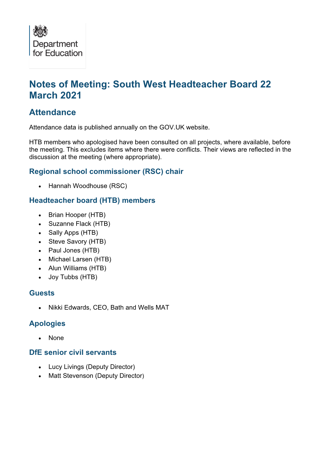 SW HTB Notes of Meeting March 21