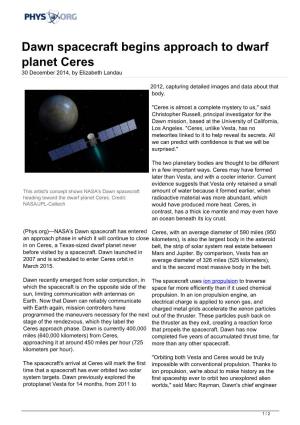 Dawn Spacecraft Begins Approach to Dwarf Planet Ceres 30 December 2014, by Elizabeth Landau