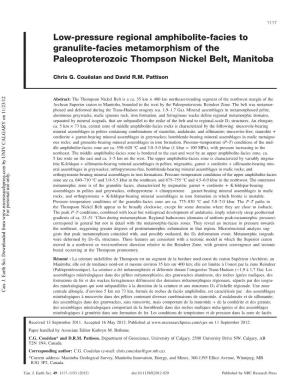 Low-Pressure Regional Amphibolite-Facies to Granulite-Facies Metamorphism of the Paleoproterozoic Thompson Nickel Belt, Manitoba