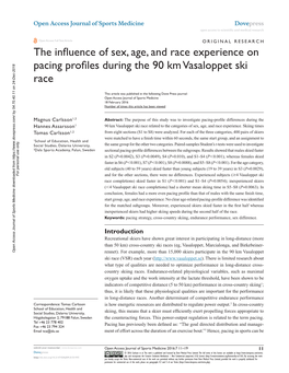 The Influence of Sex, Age, and Race Experience on Pacing Profiles During the 90 Km Vasaloppet Ski Race