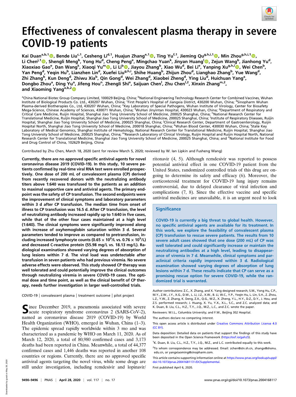 Effectiveness of Convalescent Plasma Therapy in Severe COVID-19 Patients