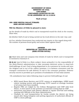 MINISTRY of COAL LOK SABHA UNSTARRED QUESTION NO.390 to BE ANSWERED on 12.12.2018 Theft of Coal 390. SHRI KRUPAL BALAJI TUMANE