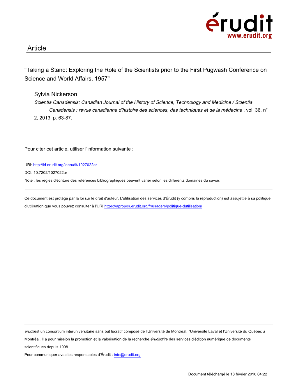 "Taking a Stand: Exploring the Role of the Scientists Prior to the First Pugwash Conference on Science and World Affairs, 1957"