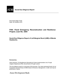Flood Emergency Reconstruction and Resilience Project, Loan No. 3264