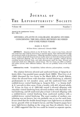 Speyeria Atlantis in Colorado: Rearing Studies Concerning the Relation Between Silvered and Unsil Vered Forms