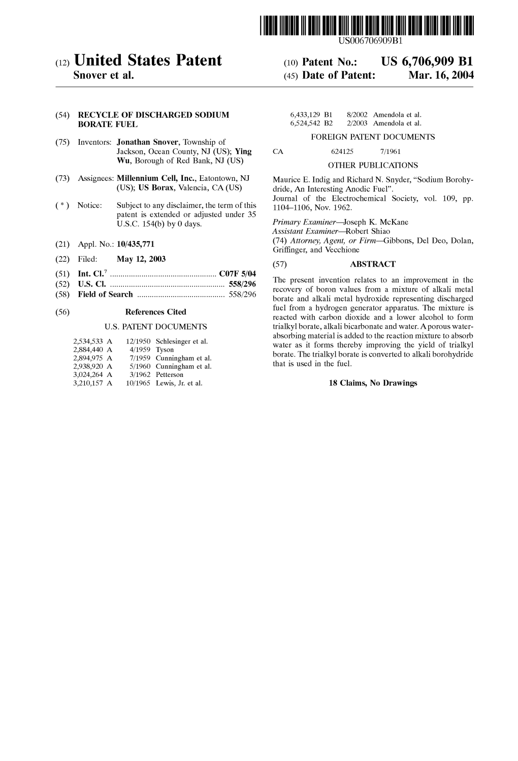 United States Patent (10) Patent N0.: US 6,706,909 B1 Snover Et Al