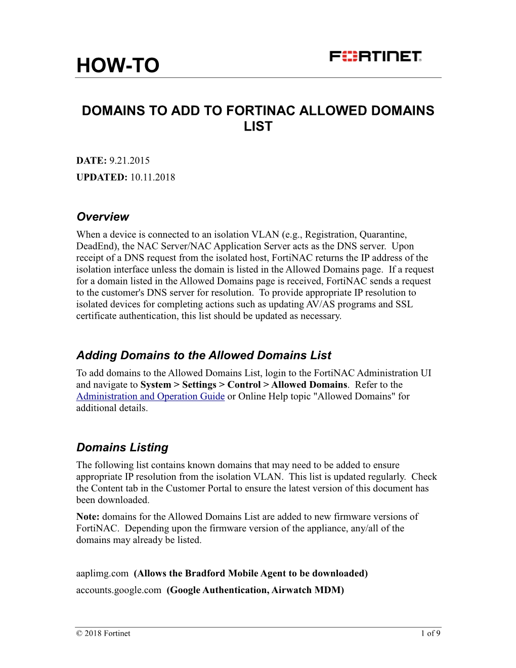 Domains to Add to Fortinac Allowed Domains List