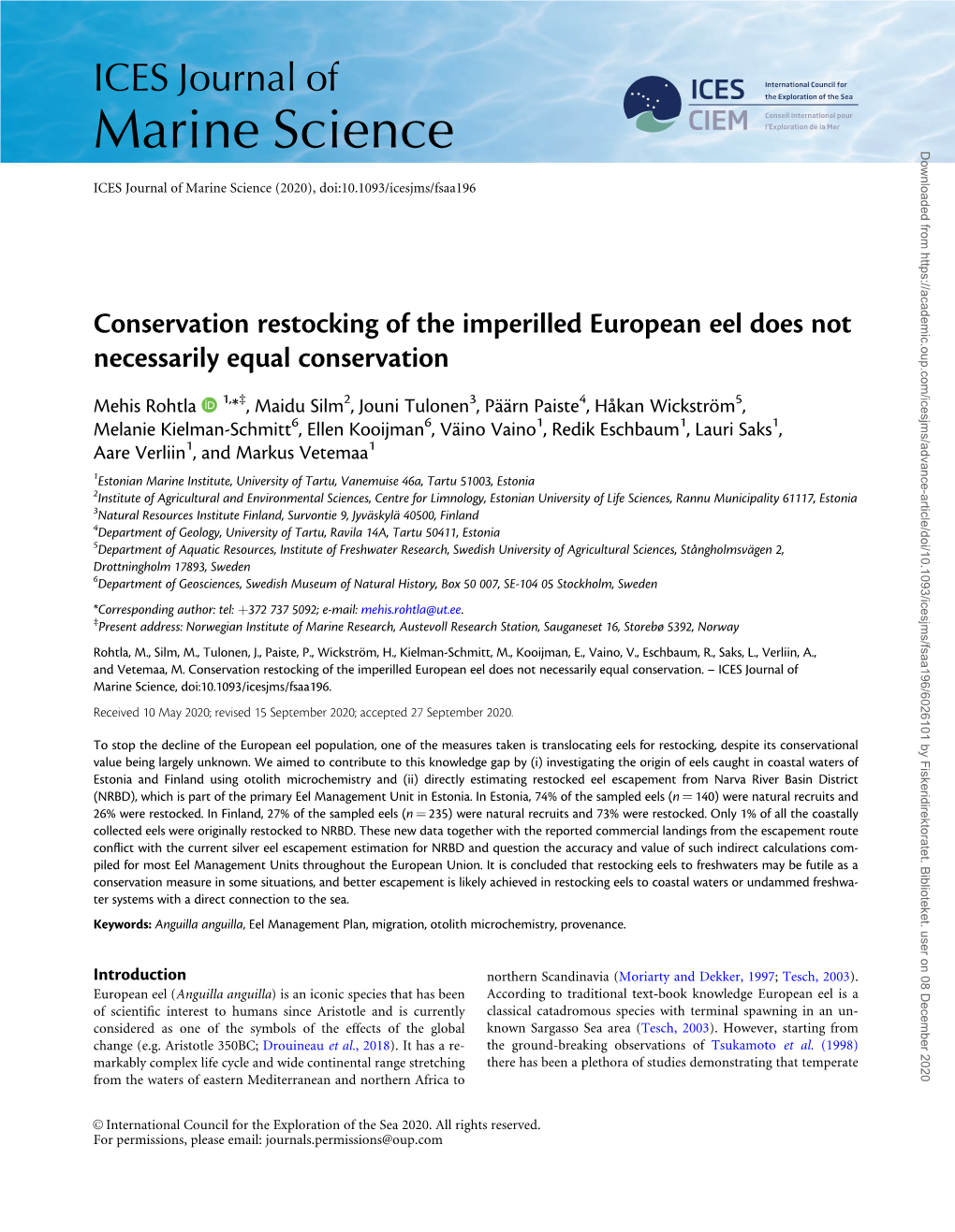 Conservation Restocking of the Imperilled European Eel Does Not Necessarily Equal Conservation