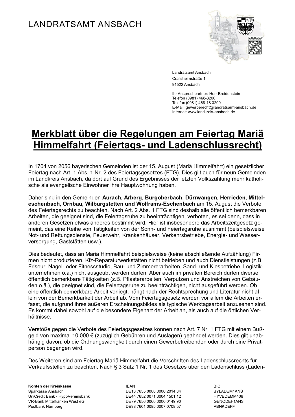 Merkblatt Über Die Regelungen Am Feiertag Mariä Himmelfahrt (Feiertags- Und Ladenschlussrecht)