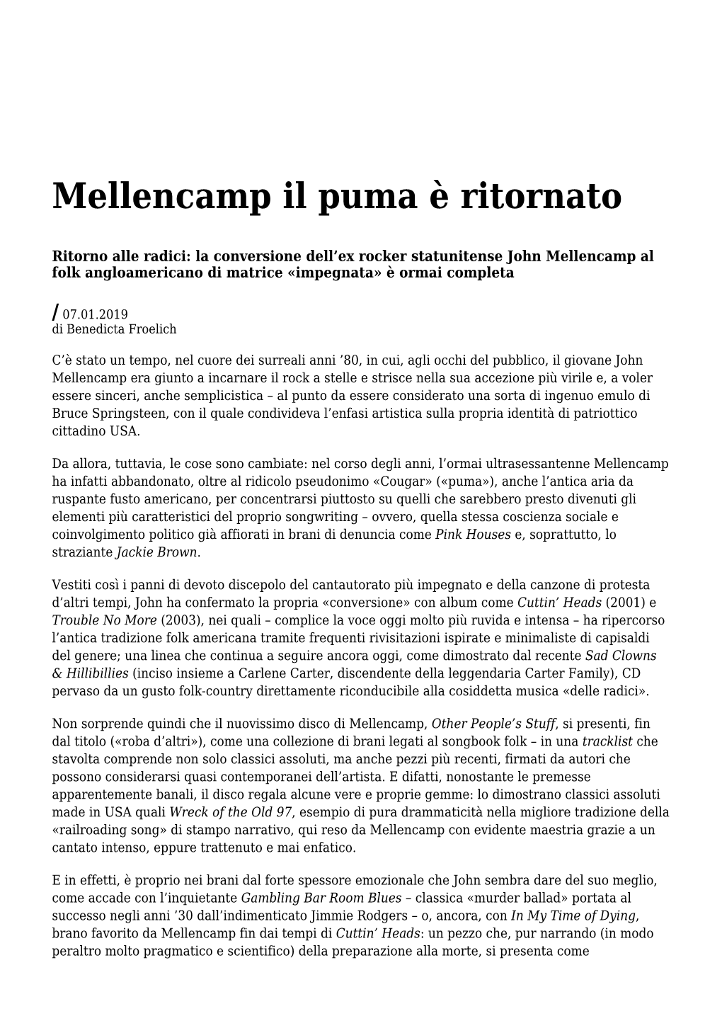 Settimanale Di Migros Ticino Mellencamp Il Puma È
