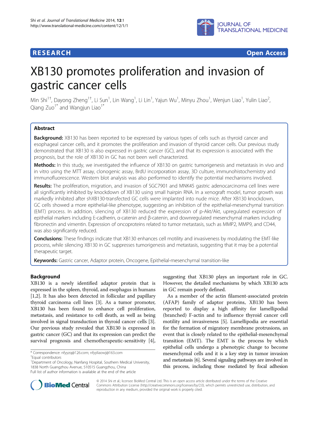 XB130 Promotes Proliferation and Invasion of Gastric Cancer Cells