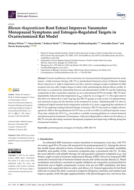 Rheum Rhaponticum Root Extract Improves Vasomotor Menopausal Symptoms and Estrogen-Regulated Targets in Ovariectomized Rat Model