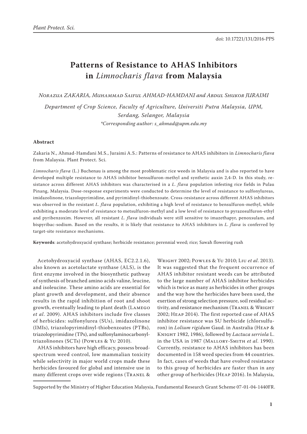 Patterns of Resistance to AHAS Inhibitors in Limnocharis Flava from Malaysia