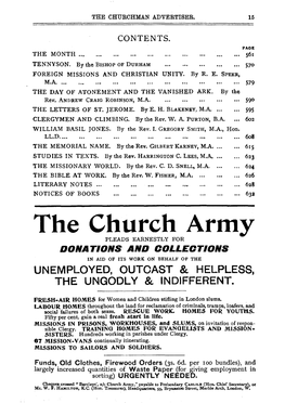 The Church Army PLEADS EARNESTLY for DONATIONS and COLLECTIONS in AID of ITS WORK on BEHALF of the UNEMPLOYED, OUTCAST & HELPLES& the UNGODLY & INDIFFERENT