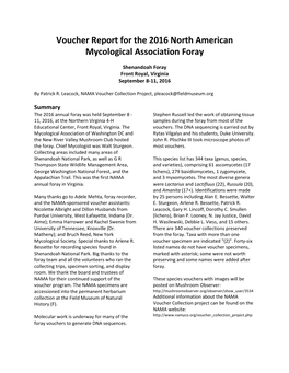 Voucher Report for the 2016 North American Mycological Association Foray