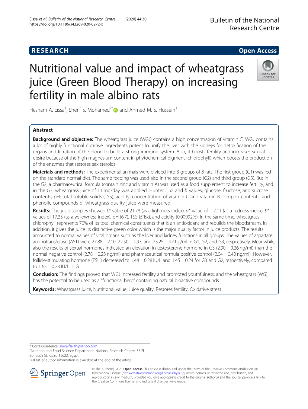 Nutritional Value and Impact of Wheatgrass Juice (Green Blood Therapy) on Increasing Fertility in Male Albino Rats Hesham A