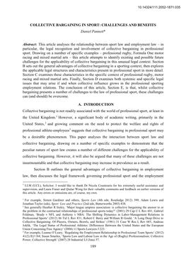 189 COLLECTIVE BARGAINING in SPORT: CHALLENGES and BENEFITS Daniel Pannett* Abstract