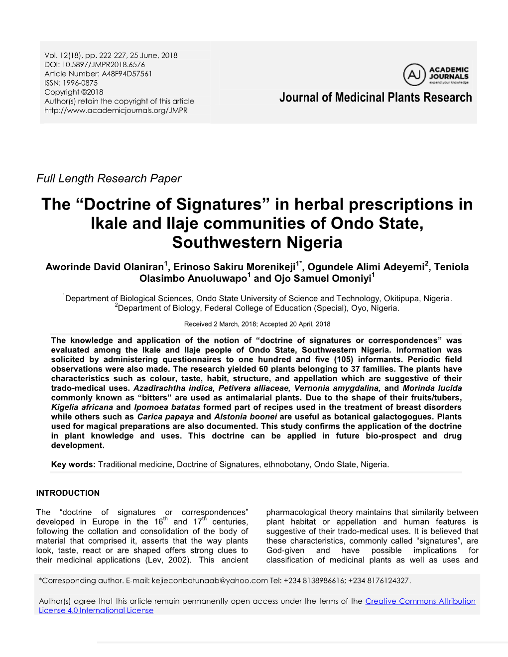 Doctrine of Signatures” in Herbal Prescriptions in Ikale and Ilaje Communities of Ondo State, Southwestern Nigeria