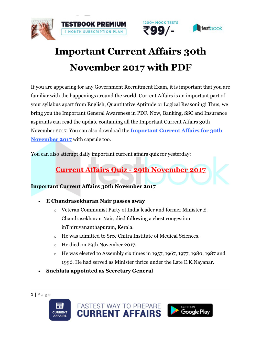 Important Current Affairs 30Th November 2017 with PDF