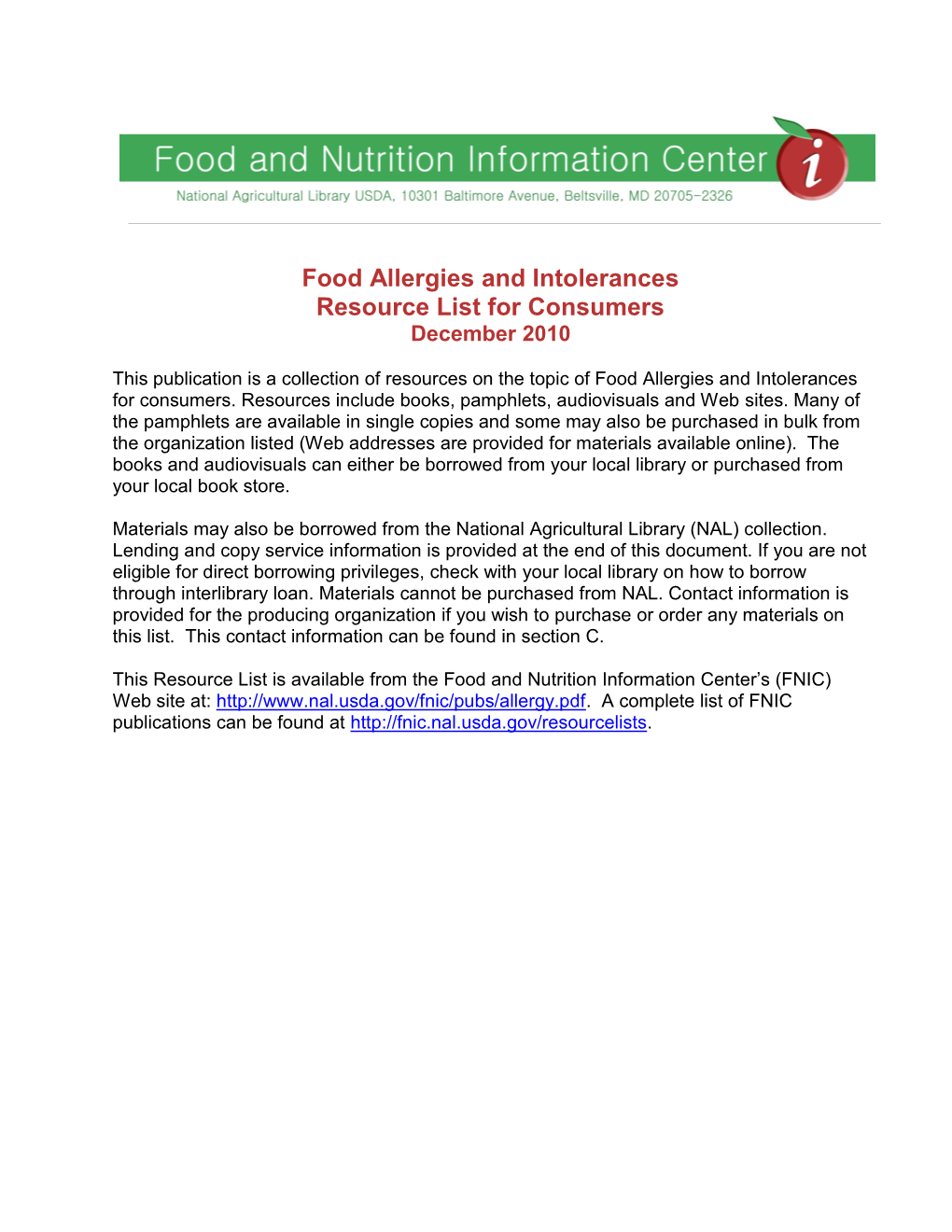 Resource List On Food Allergies And Intolerances For Consumers DocsLib