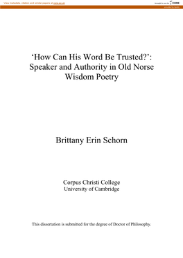 Speaker and Authority in Old Norse Wisdom Poetry Brittany